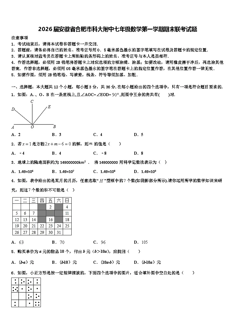 2026届安徽省合肥市科大附中七年级数学第一学期期末联考试题含解析第1页