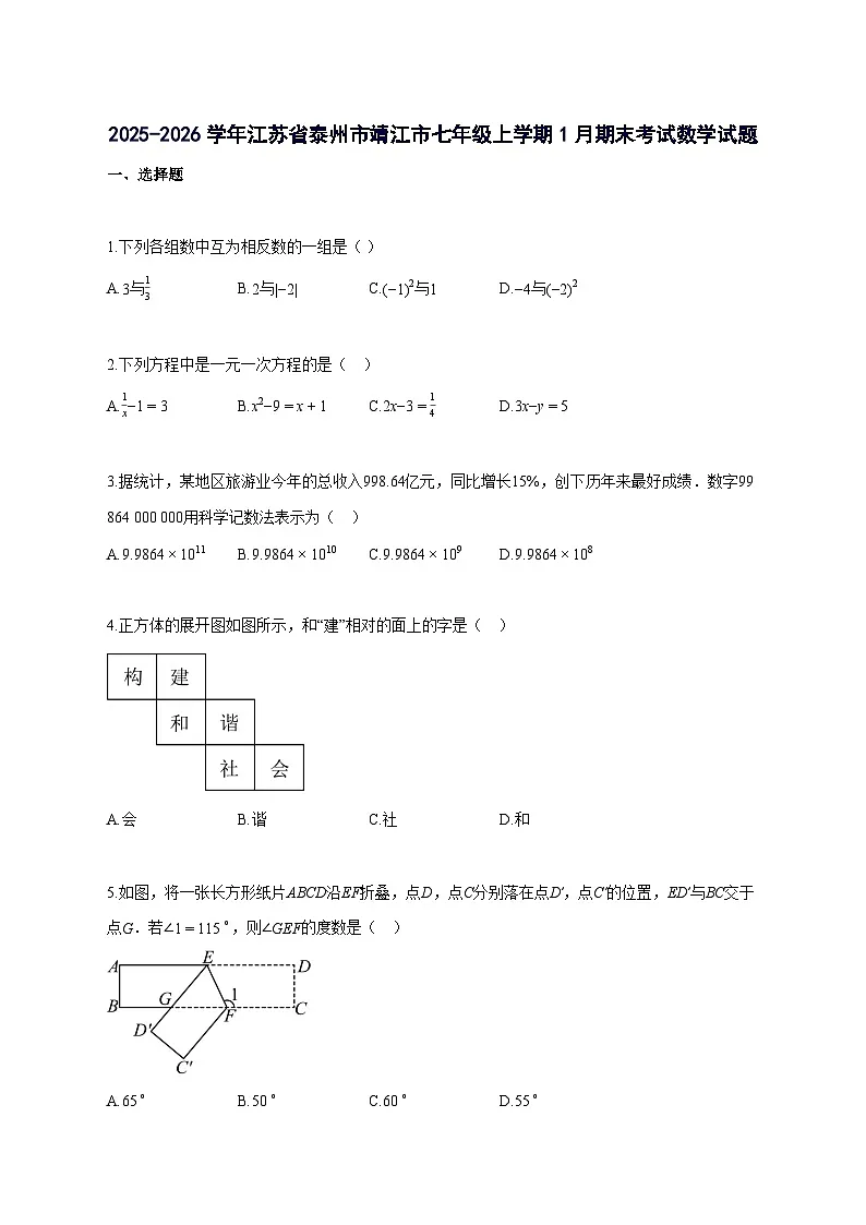2025_2026学年江苏省泰州市靖江市七年级上册1月期末考试数学检测试题-含解析第1页