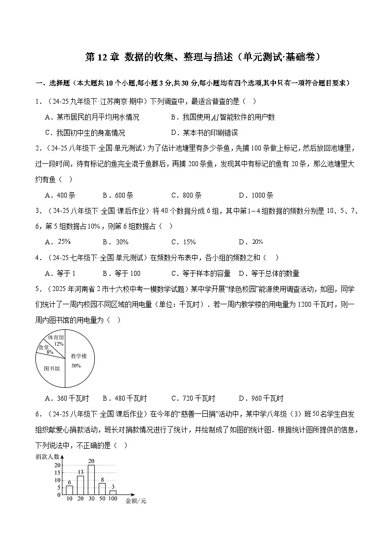 人教版2024初中数学七下第十二章 数据的收集、整理与描述 单元测试卷(无答案)第1页