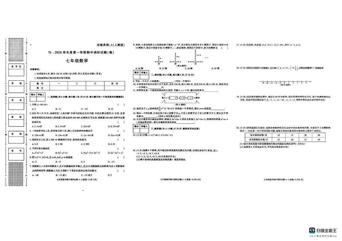 陕西省咸阳市实验中学2025-2026学年七年级上学期11月期中数学试题第1页