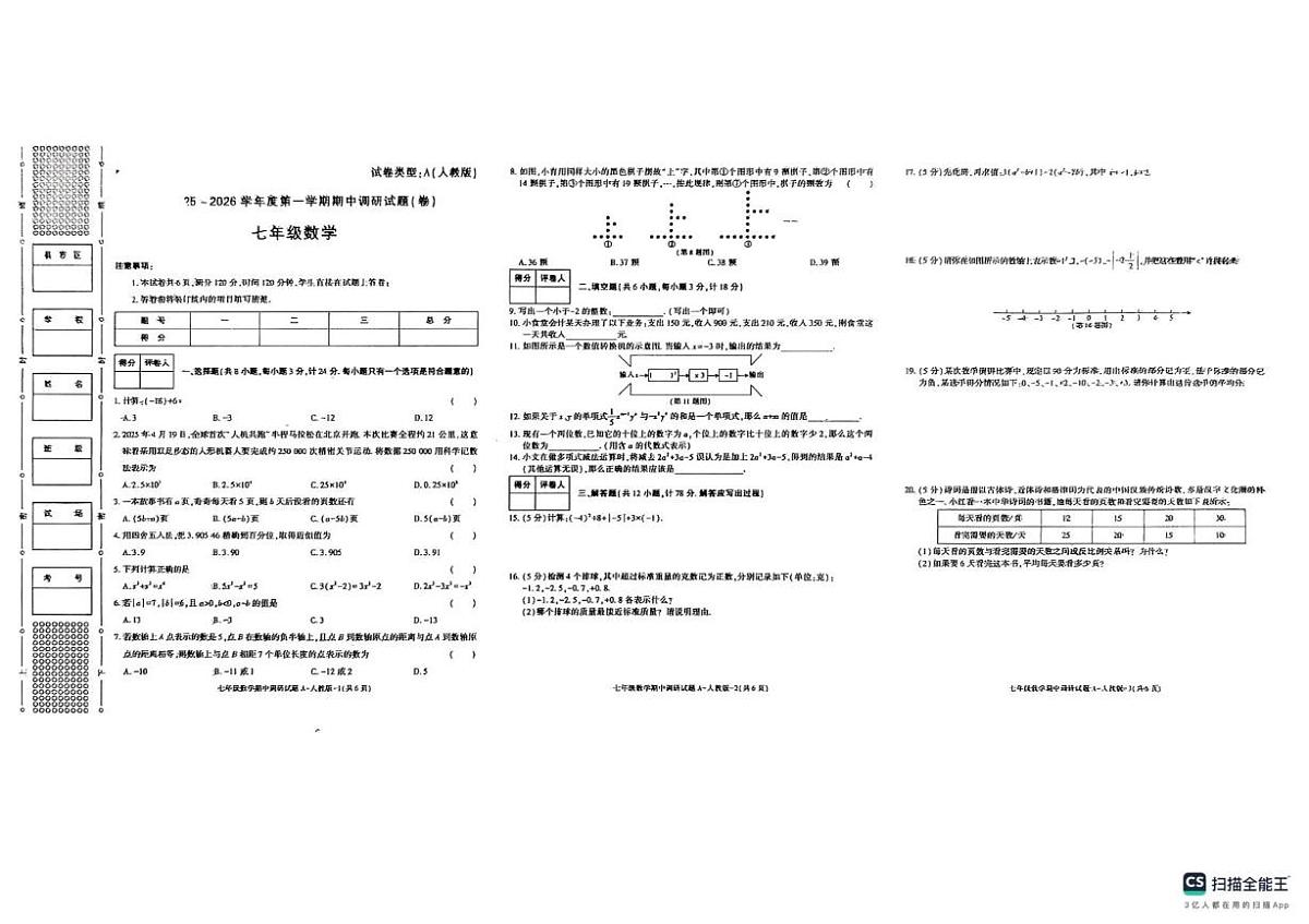 陕西省咸阳市实验中学2025-2026学年七年级上学期11月期中数学试题第1页