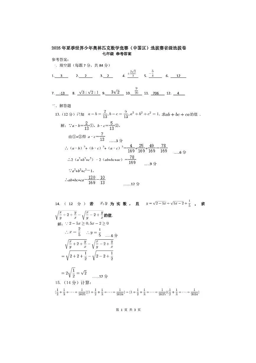 2025年夏季世界少年奥林匹克数学竞赛省级选拔赛七年级数学试卷(含答案)第2页