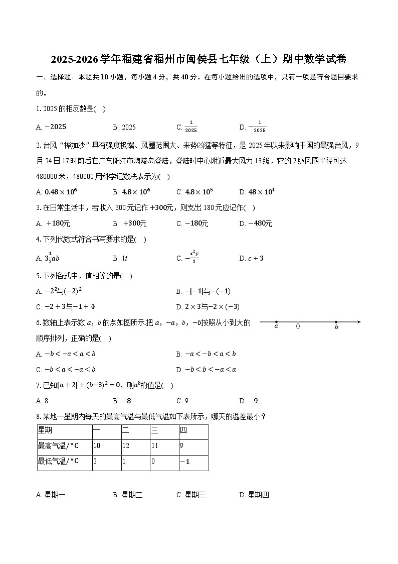 2025-2026学年福建省福州市闽侯县七年级(上)期中数学试卷第1页