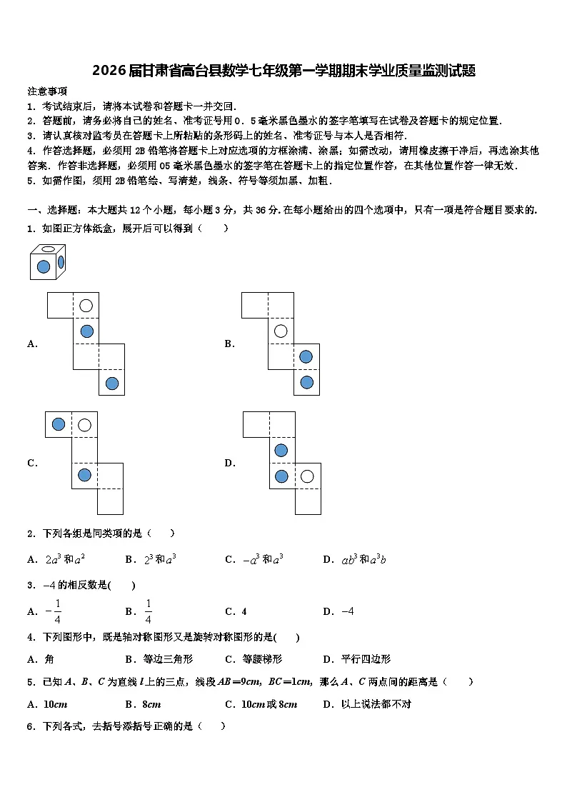2026届甘肃省高台县数学七年级第一学期期末学业质量监测试题含解析第1页