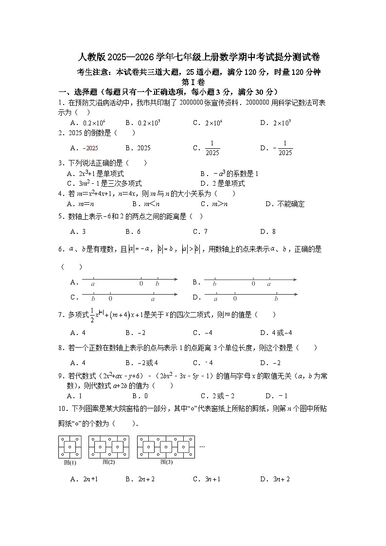 人教版2025—2026学年七年级上册数学期中考试提分测试卷第1页