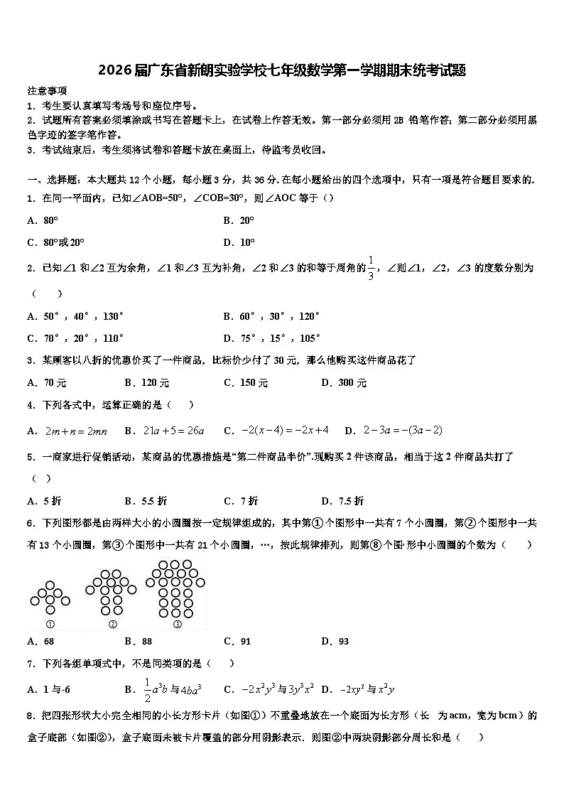 2026届广东省新朗实验学校七年级数学第一学期期末统考试题含解析第1页
