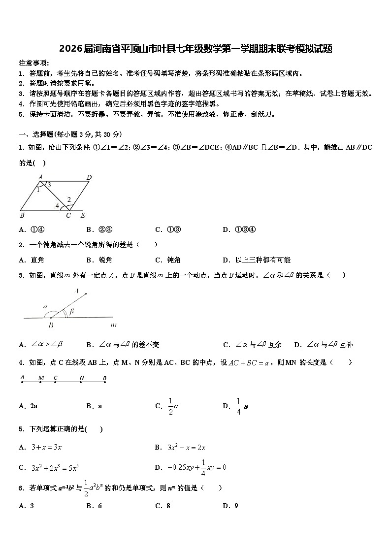 2026届河南省平顶山市叶县七年级数学第一学期期末联考模拟试题含解析第1页