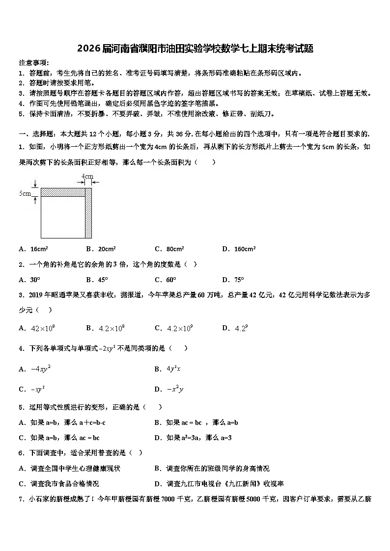 2026届河南省濮阳市油田实验学校数学七上期末统考试题含解析第1页