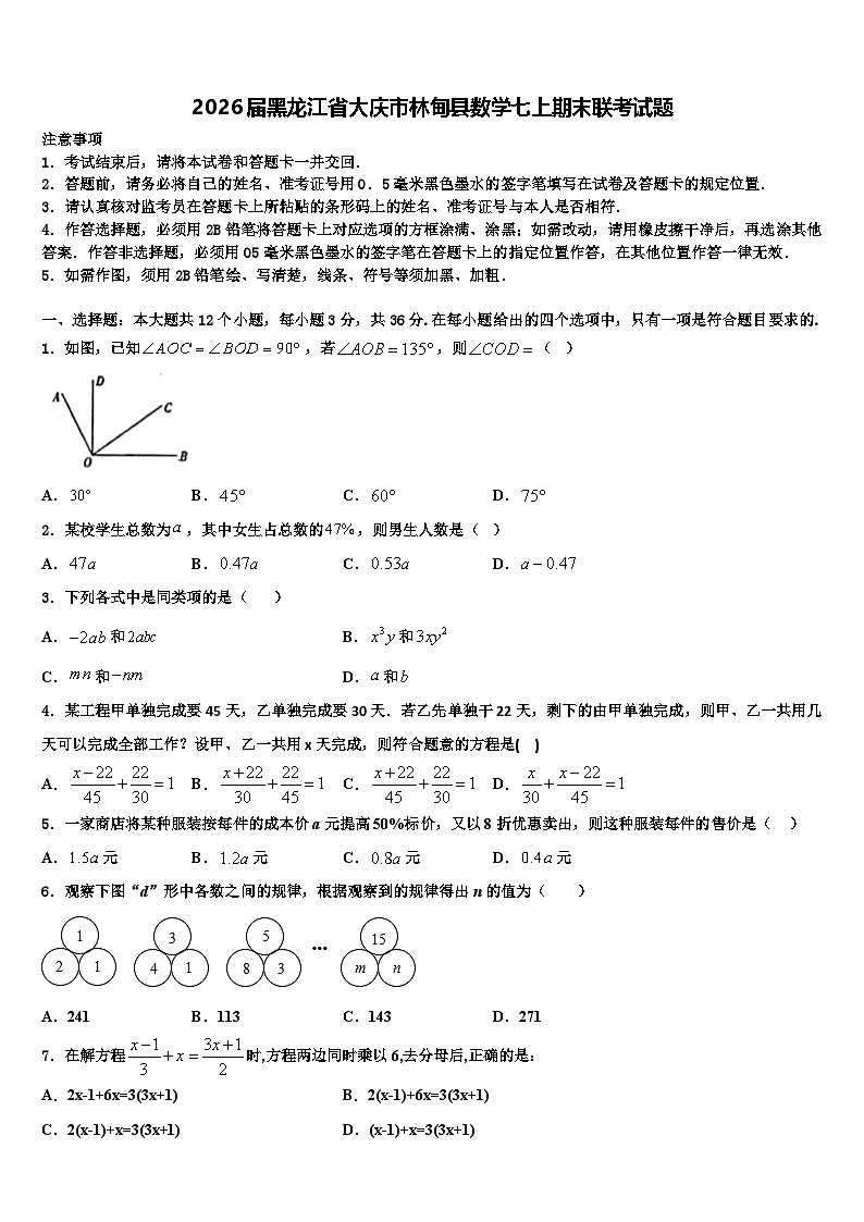 2026届黑龙江省大庆市林甸县数学七上期末联考试题含解析第1页