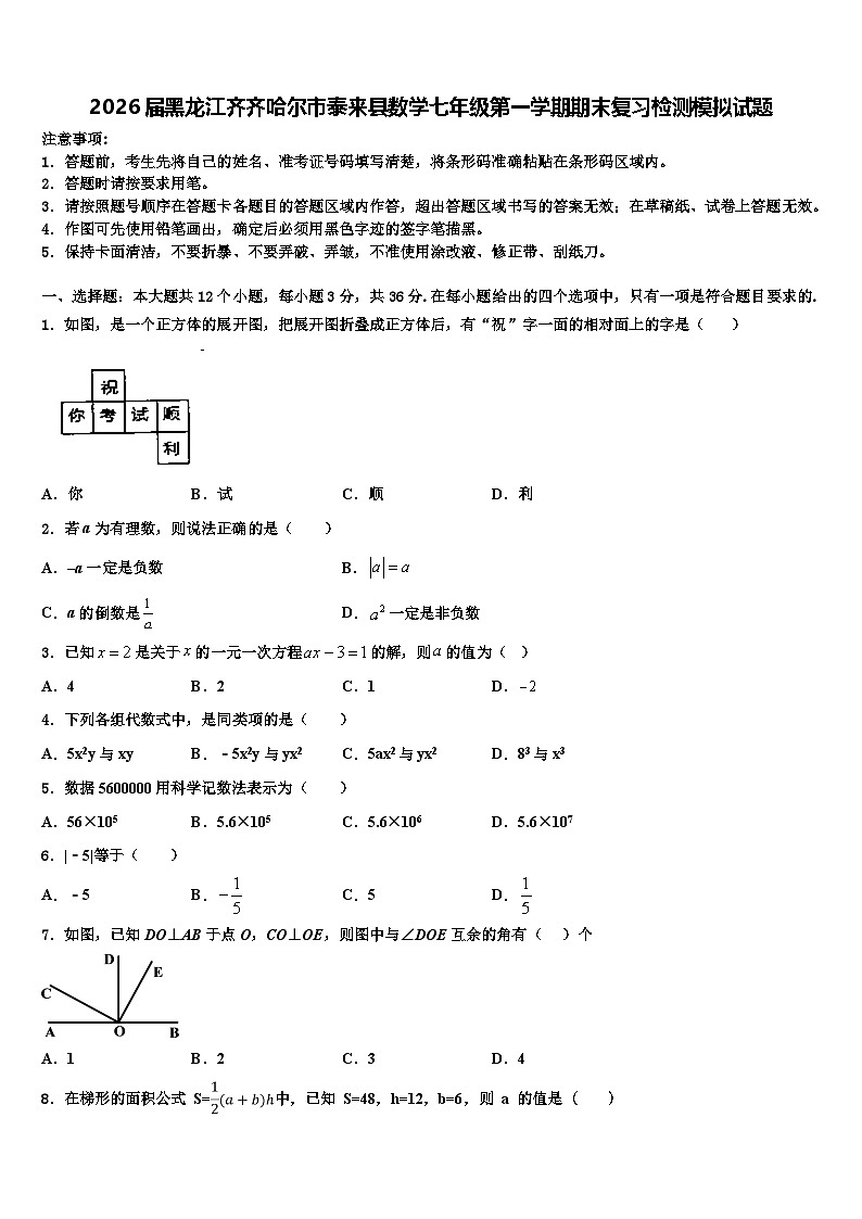 2026届黑龙江齐齐哈尔市泰来县数学七年级第一学期期末复习检测模拟试题含解析第1页