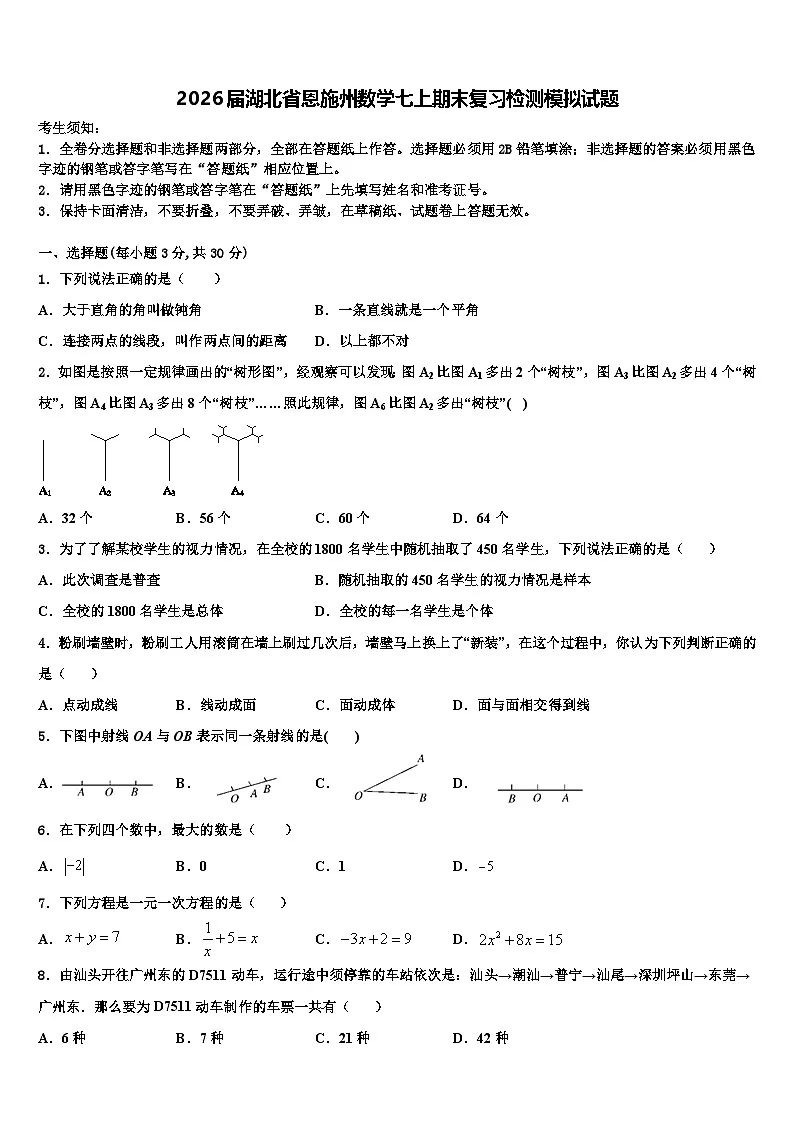2026届湖北省恩施州数学七上期末复习检测模拟试题含解析第1页