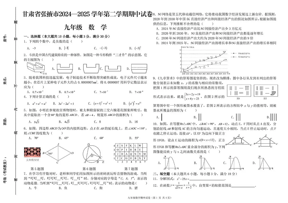 甘肃省张掖市2024—2025学年下学期九年级数学期中试卷第1页