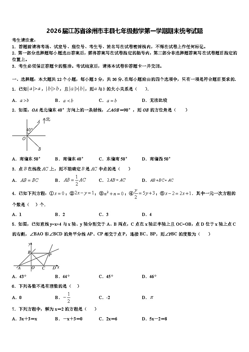 2026届江苏省徐州市丰县七年级数学第一学期期末统考试题含解析第1页