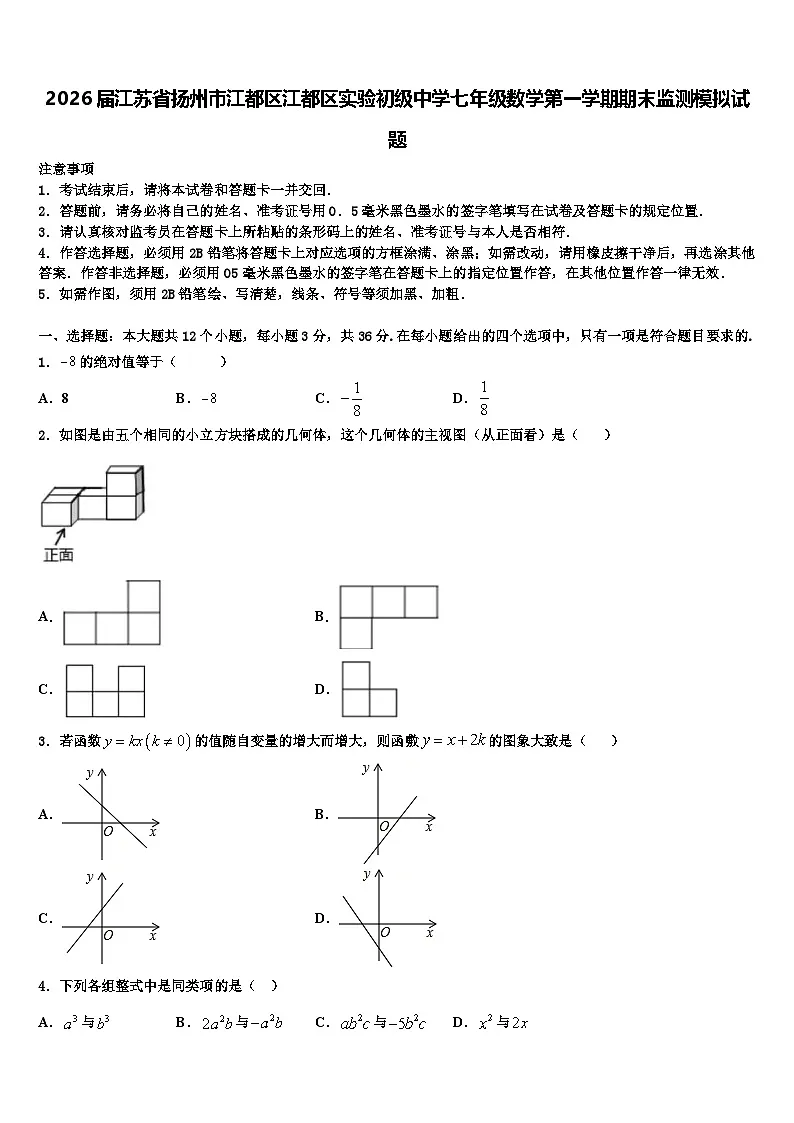 2026届江苏省扬州市江都区江都区实验初级中学七年级数学第一学期期末监测模拟试题含解析第1页