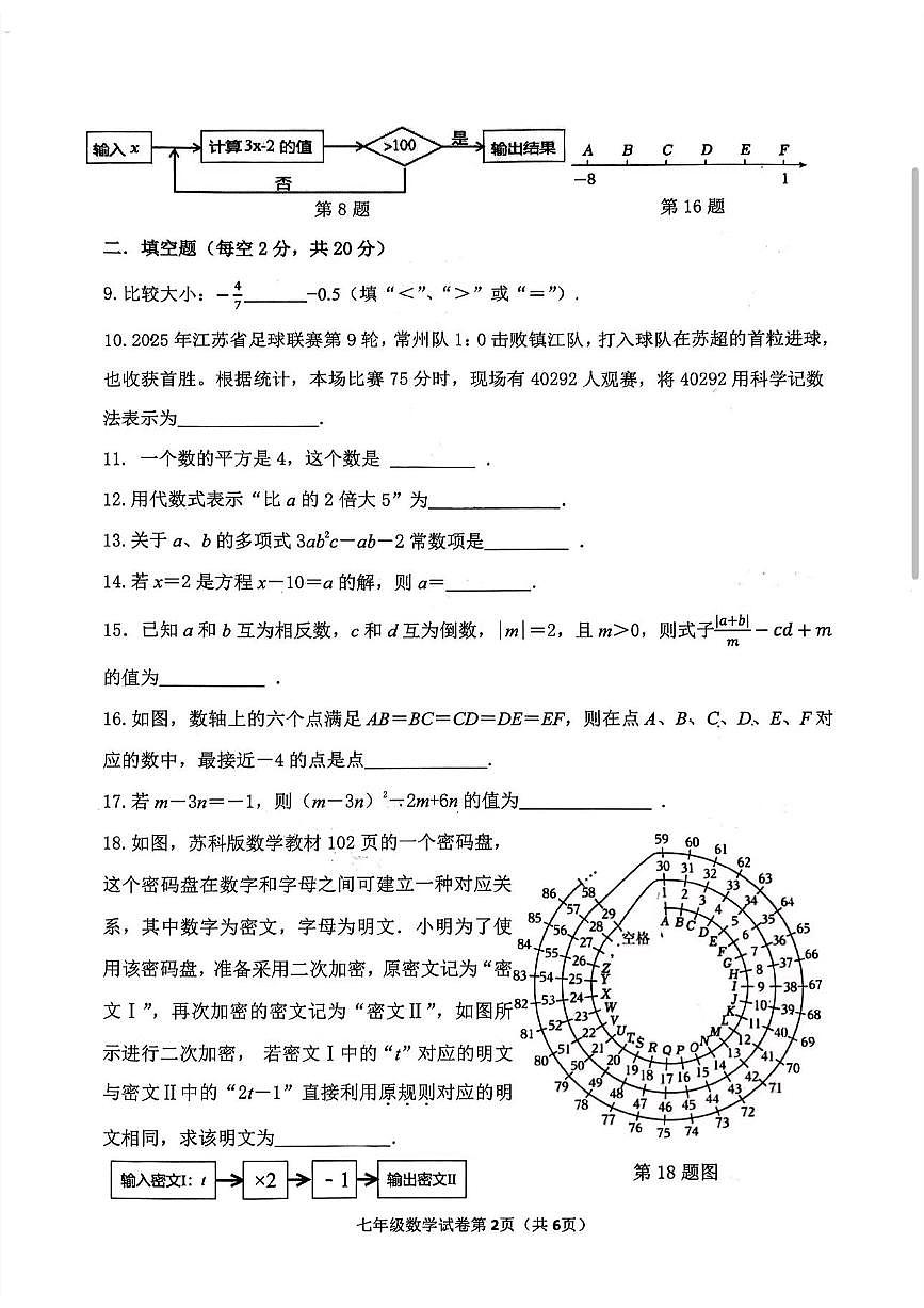 江苏常州二十四中初一数学期中测试卷第2页