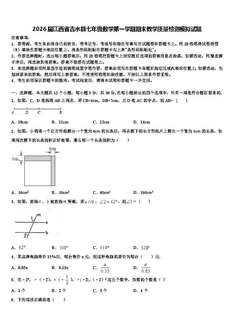 2026届江西省吉水县七年级数学第一学期期末教学质量检测模拟试题含解析第1页
