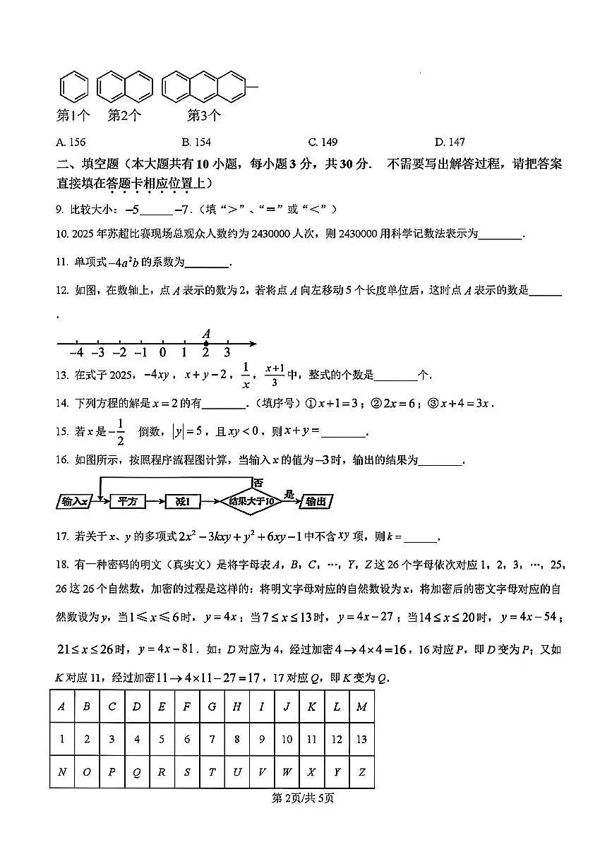 2025年扬州树人集团七年级上学期期中数学试题及答案第2页