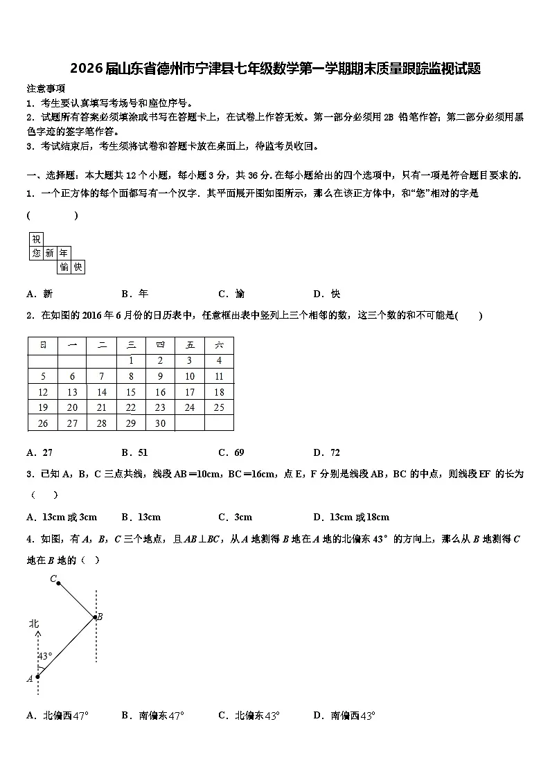2026届山东省德州市宁津县七年级数学第一学期期末质量跟踪监视试题含解析第1页