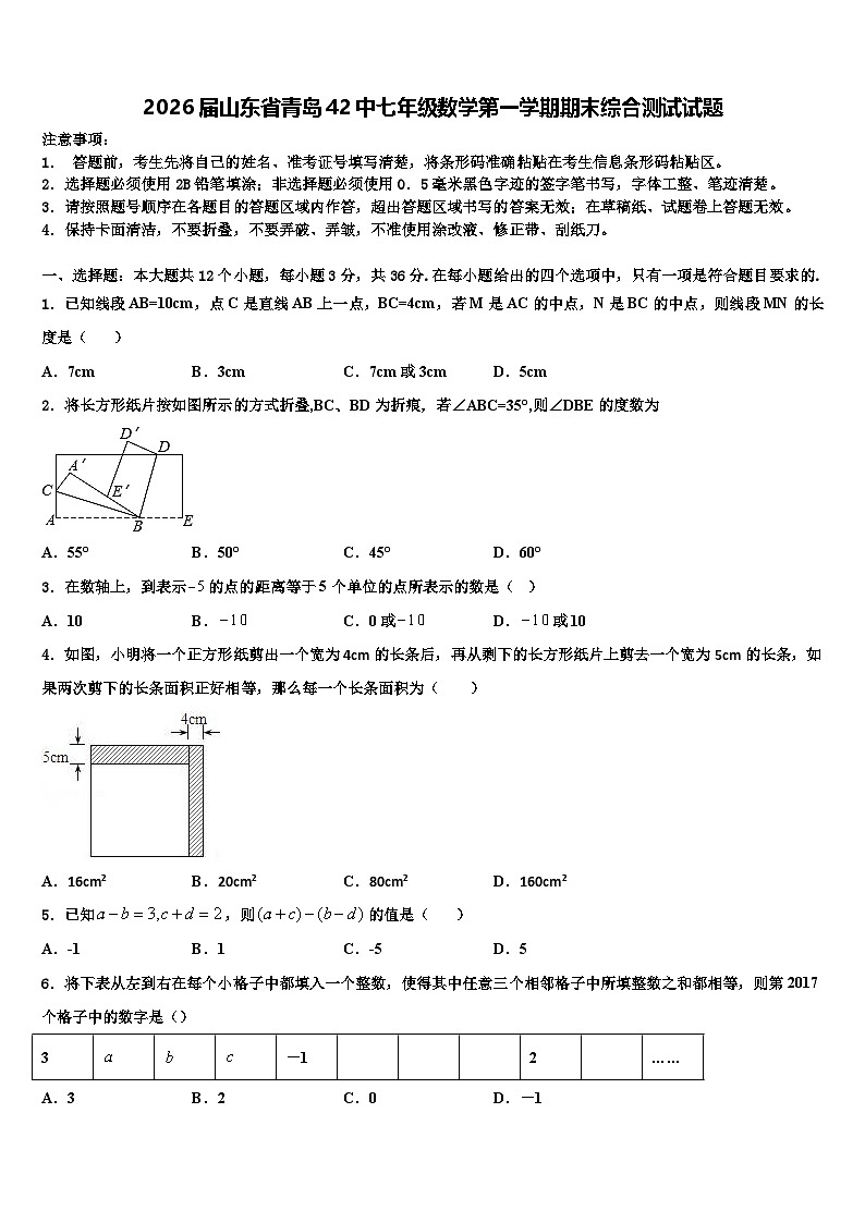 2026届山东省青岛42中七年级数学第一学期期末综合测试试题含解析第1页