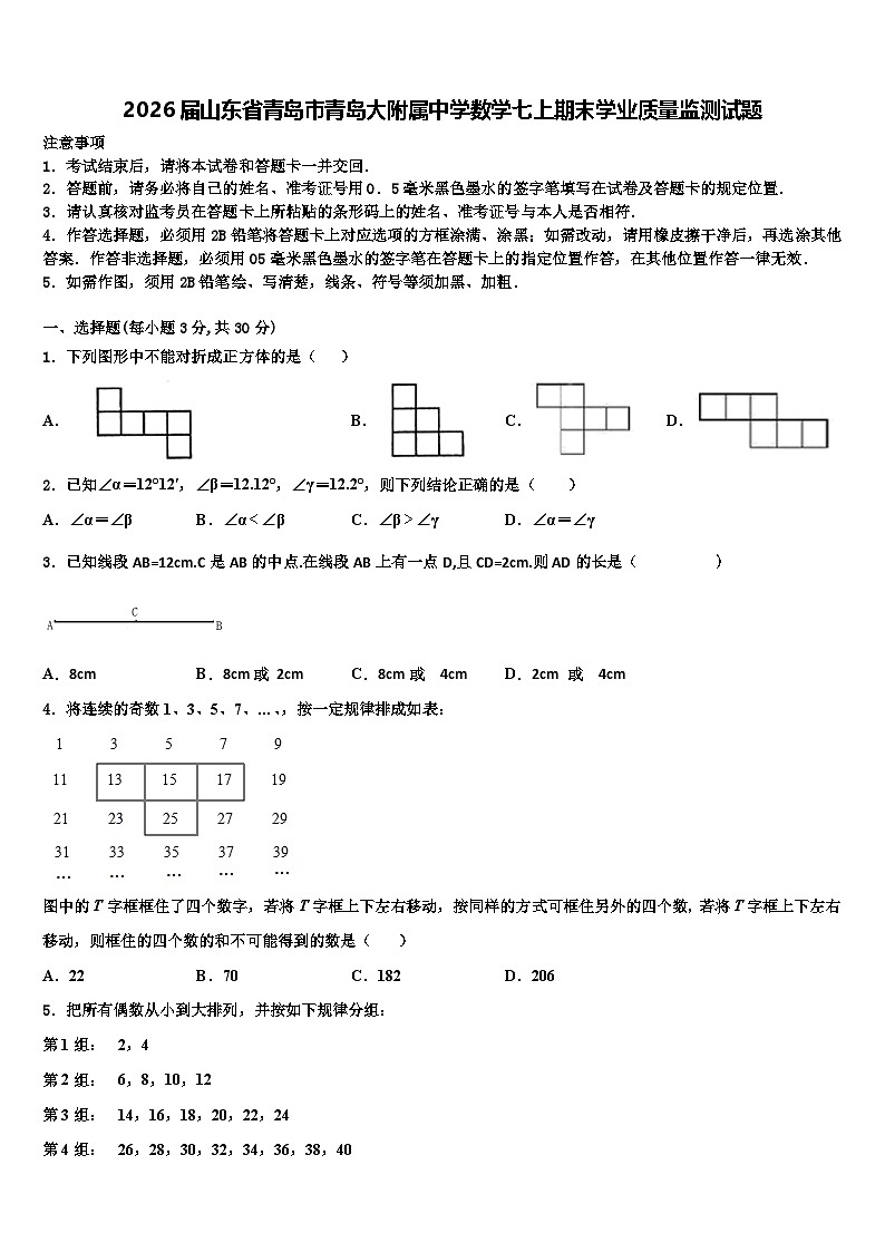 2026届山东省青岛市青岛大附属中学数学七上期末学业质量监测试题含解析第1页