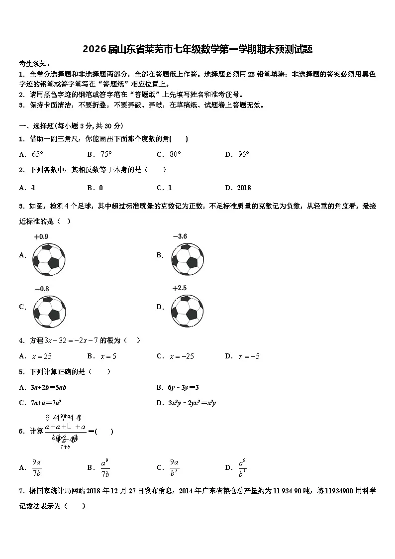 2026届山东省莱芜市七年级数学第一学期期末预测试题含解析第1页