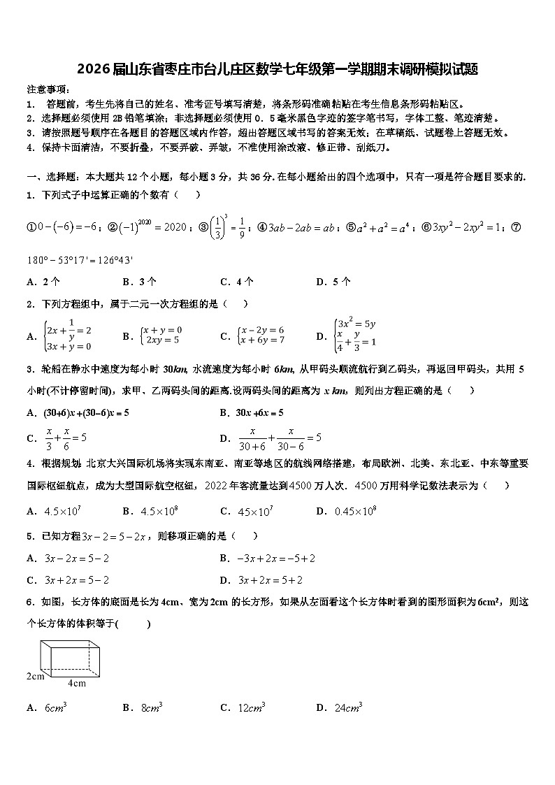 2026届山东省枣庄市台儿庄区数学七年级第一学期期末调研模拟试题含解析第1页