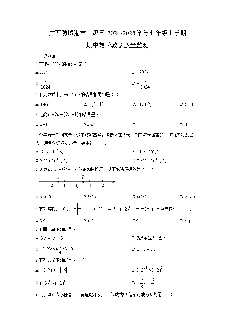 广西防城港市上思县2024-2025学年七年级上学期期中教学质量监测数学(学生版)第1页