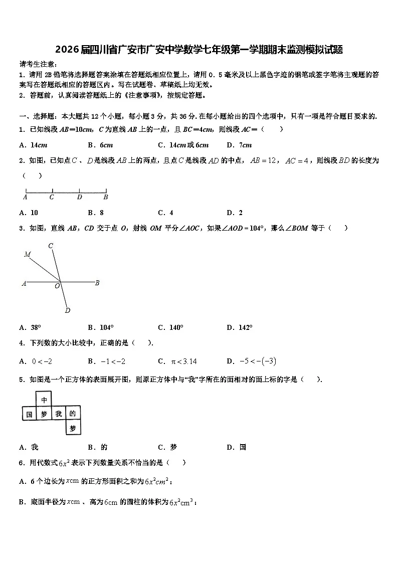2026届四川省广安市广安中学数学七年级第一学期期末监测模拟试题含解析第1页