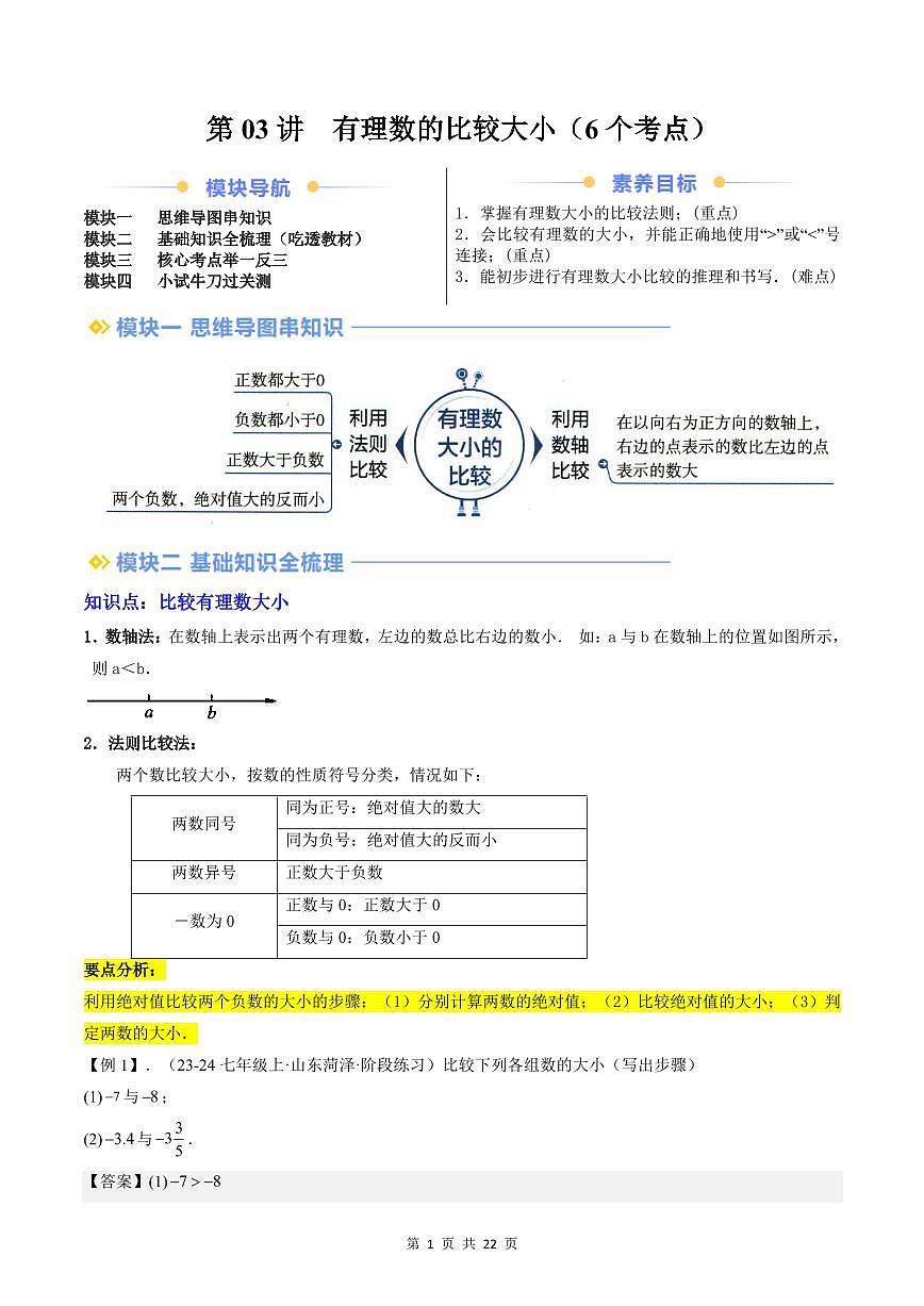 2024版人教版七年级上册数学期末专项练习第03讲有理数的比较大小(6个考点)解析版第1页