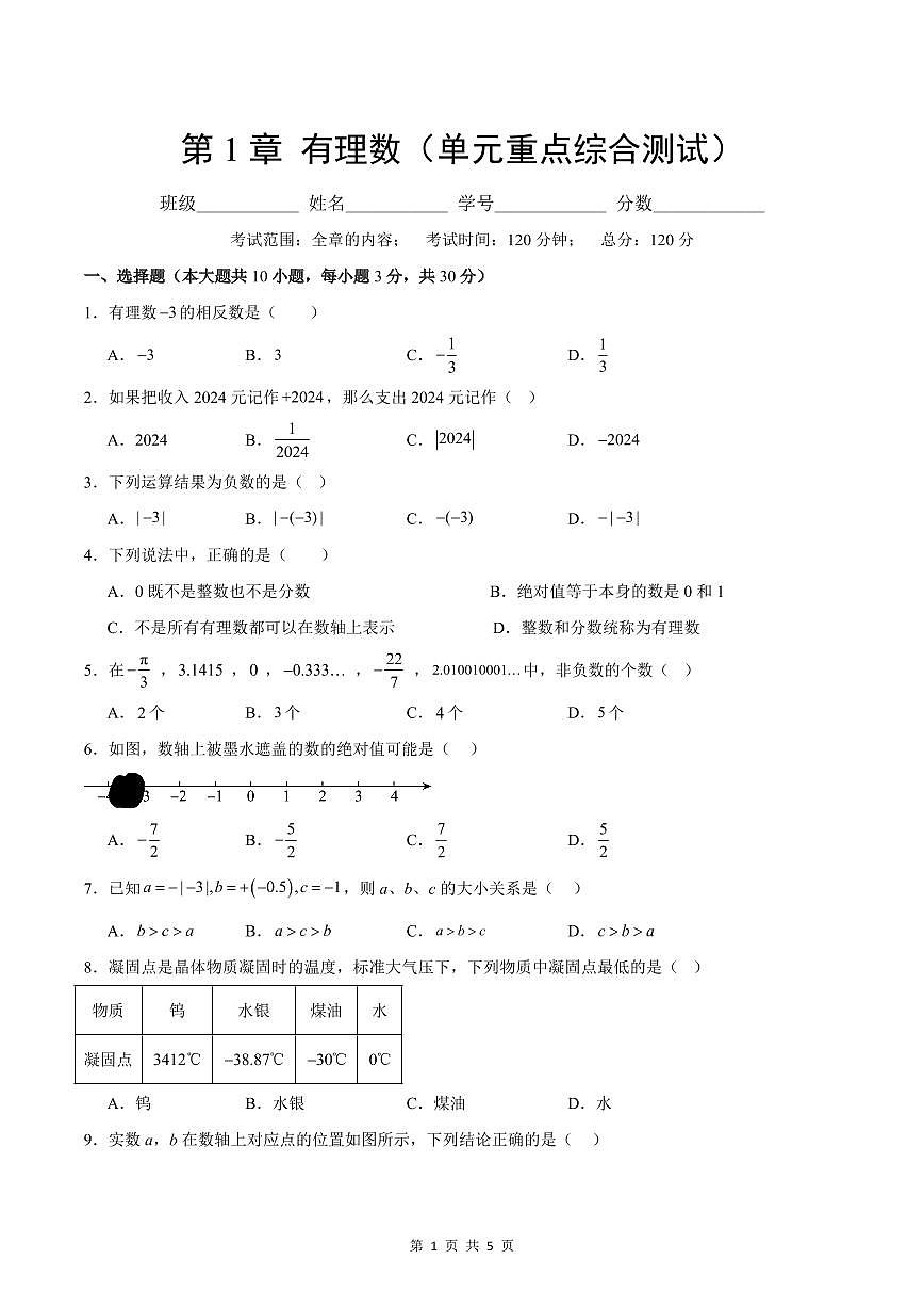 2024版人教版七年级上册数学第1章有理数单元重点综合测试含答案第1页