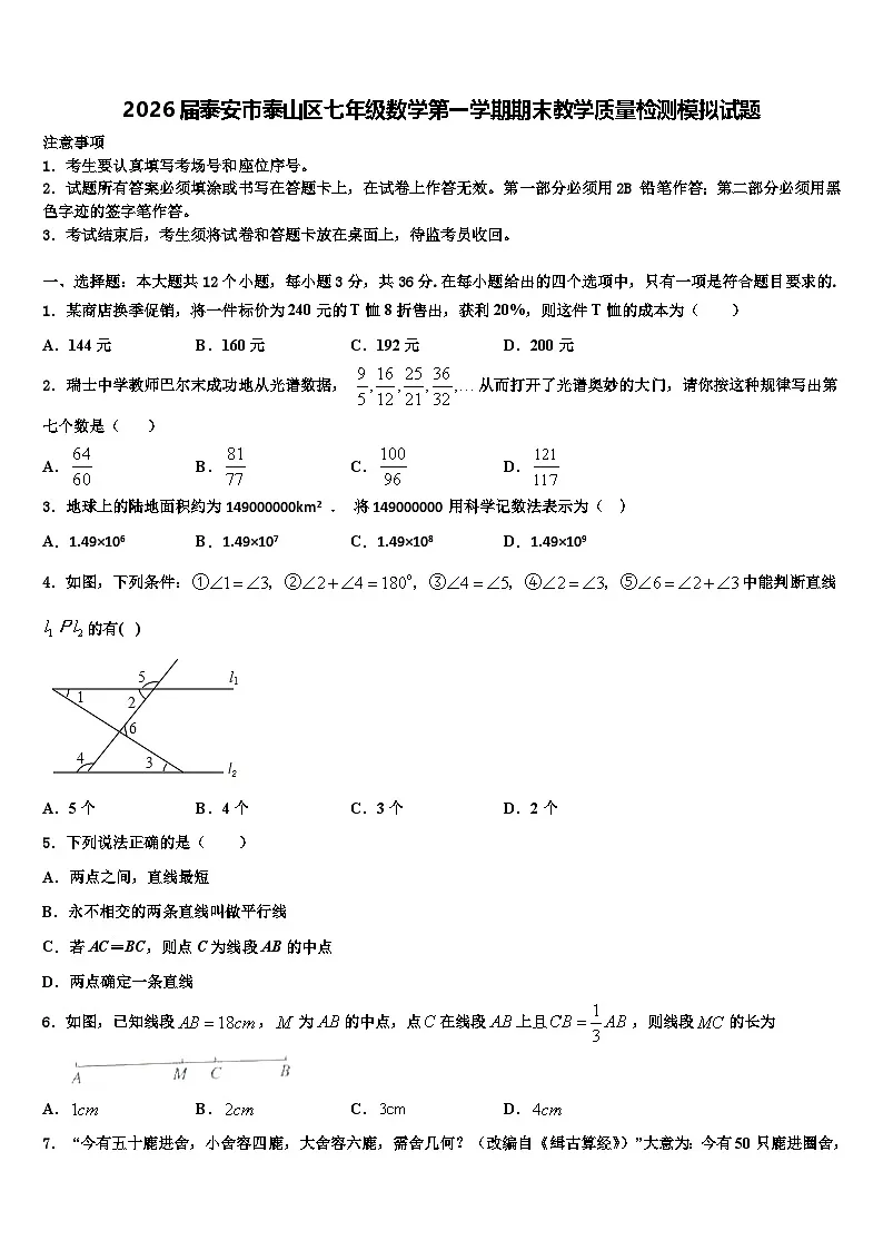 2026届泰安市泰山区七年级数学第一学期期末教学质量检测模拟试题含解析第1页