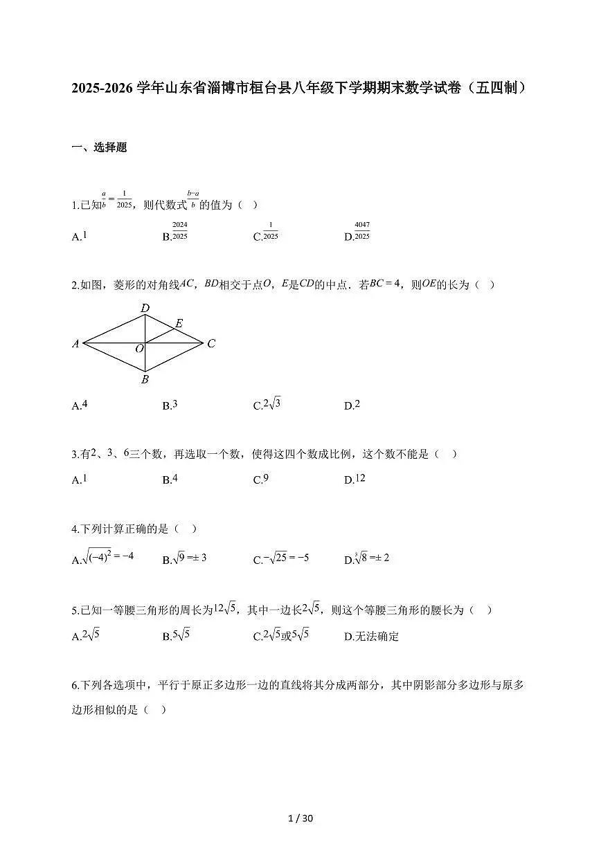 2025~2026学年山东省淄博市桓台县八年级下学期期末数学试题(五四制)含解析第1页