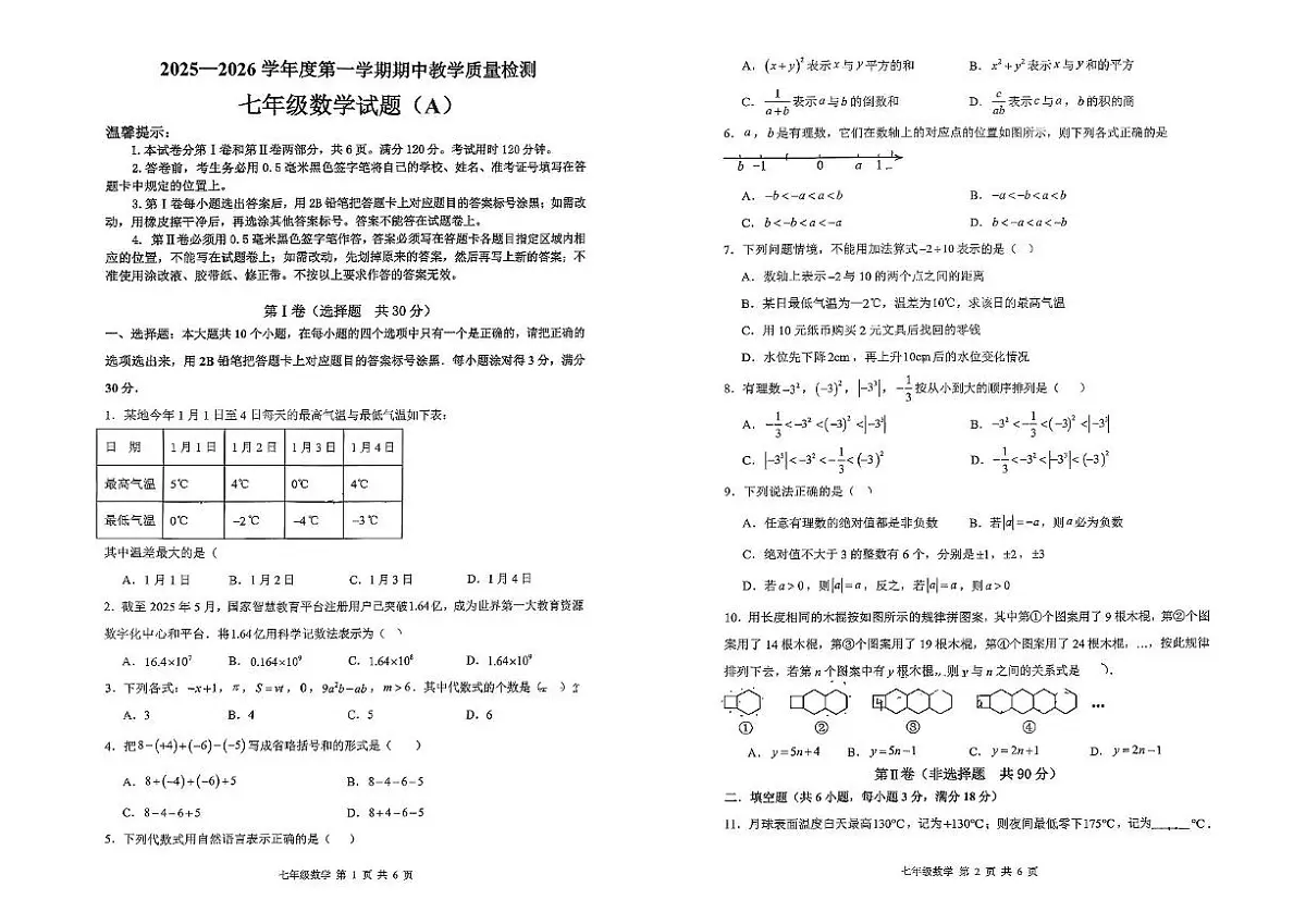 山东省滨州市滨城区2025-2026学年上学期期中质量检测七年级数学试题第1页