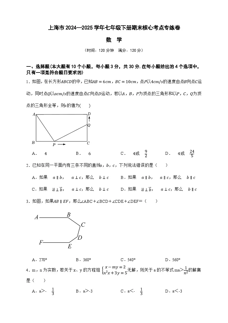 上海市2024—2025学年数学七年级下册期末核心考点专练卷(原卷版)第1页