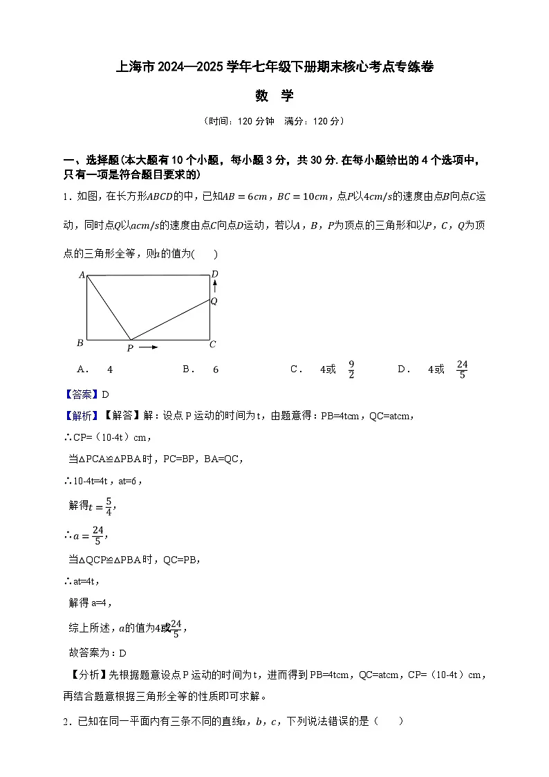 上海市2024—2025学年数学七年级下册期末核心考点专练卷(解析版)第1页