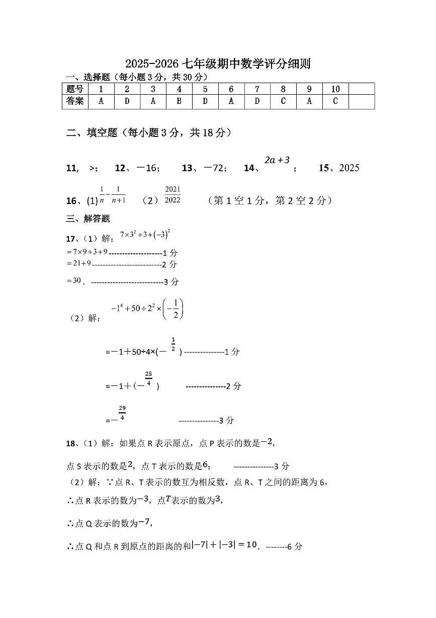 数学 2025-2026七年级期中数学评分细则第1页