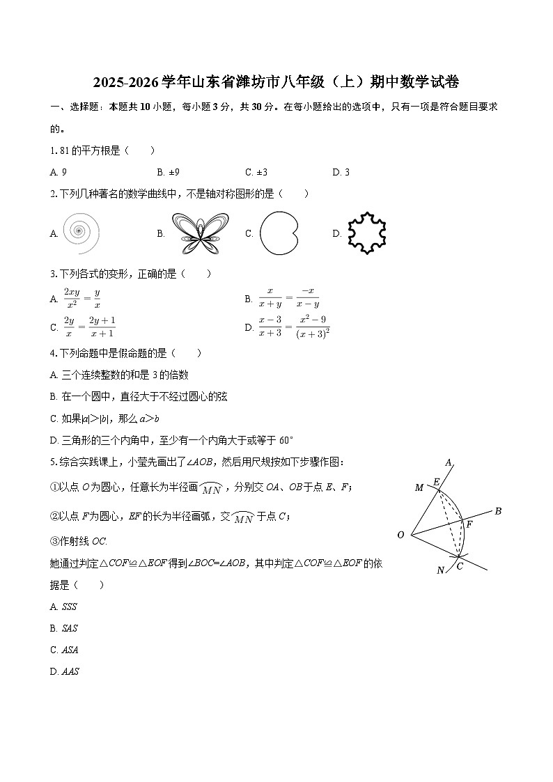 2025-2026学年山东省潍坊市八年级(上)期中数学试卷-自定义类型第1页