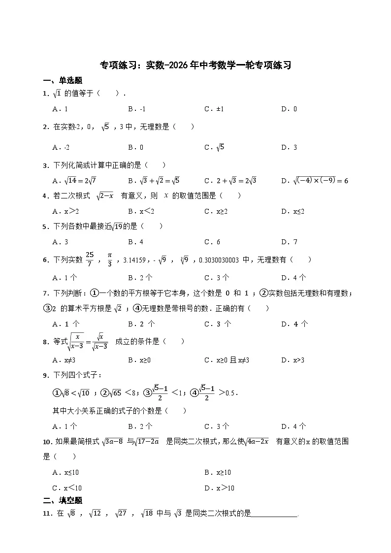 专项练习:实数-2026年中考数学一轮专项练习第1页