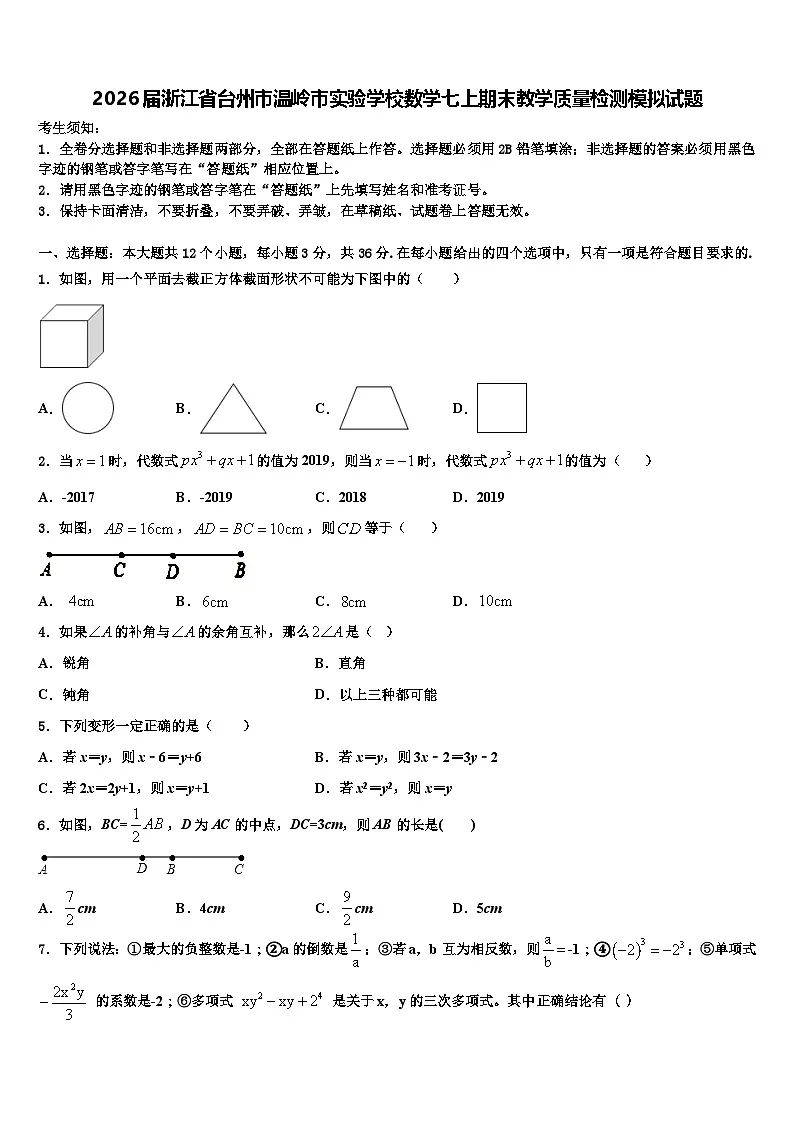 2026届浙江省台州市温岭市实验学校数学七上期末教学质量检测模拟试题含解析第1页