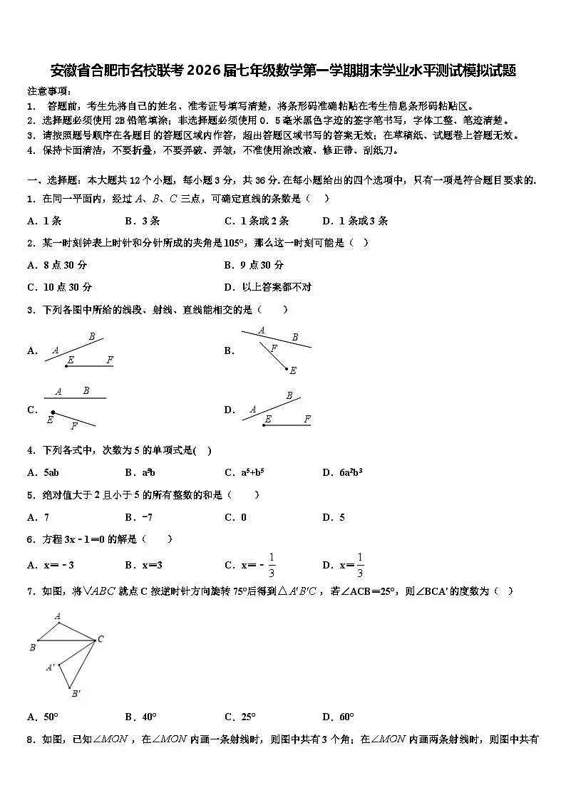 安徽省合肥市名校联考2026届七年级数学第一学期期末学业水平测试模拟试题含解析第1页