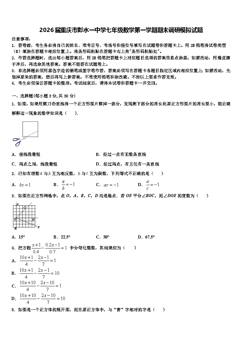 2026届重庆市彭水一中学七年级数学第一学期期末调研模拟试题含解析第1页