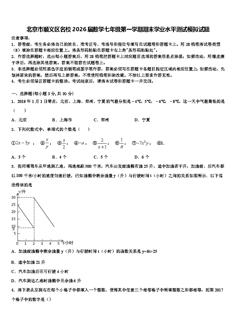 北京市顺义区名校2026届数学七年级第一学期期末学业水平测试模拟试题含解析第1页