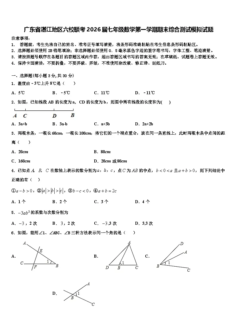 广东省湛江地区六校联考2026届七年级数学第一学期期末综合测试模拟试题含解析第1页