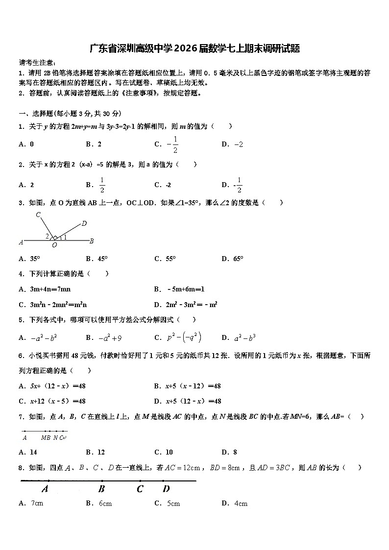 广东省深圳高级中学2026届数学七上期末调研试题含解析第1页
