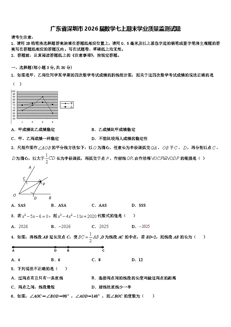广东省深圳市2026届数学七上期末学业质量监测试题含解析第1页