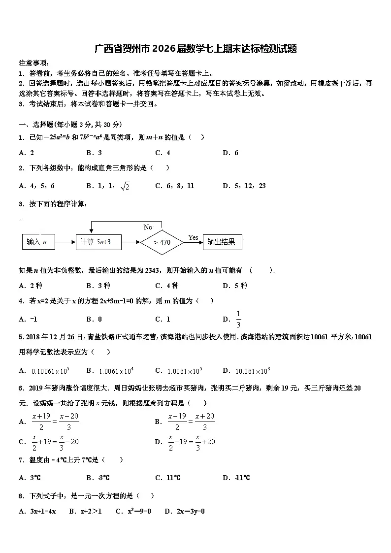 广西省贺州市2026届数学七上期末达标检测试题含解析第1页
