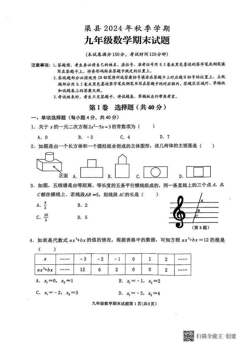四川省达州市渠县2024-2025学年九年级上学期1月期末数学测试题第1页
