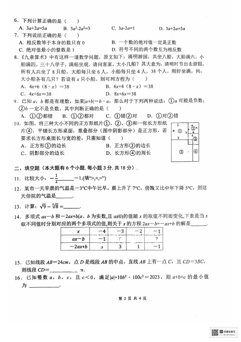 浙江省杭州市钱塘区文海中学2024-2025学年七年级上学期期末模拟数学试卷第2页