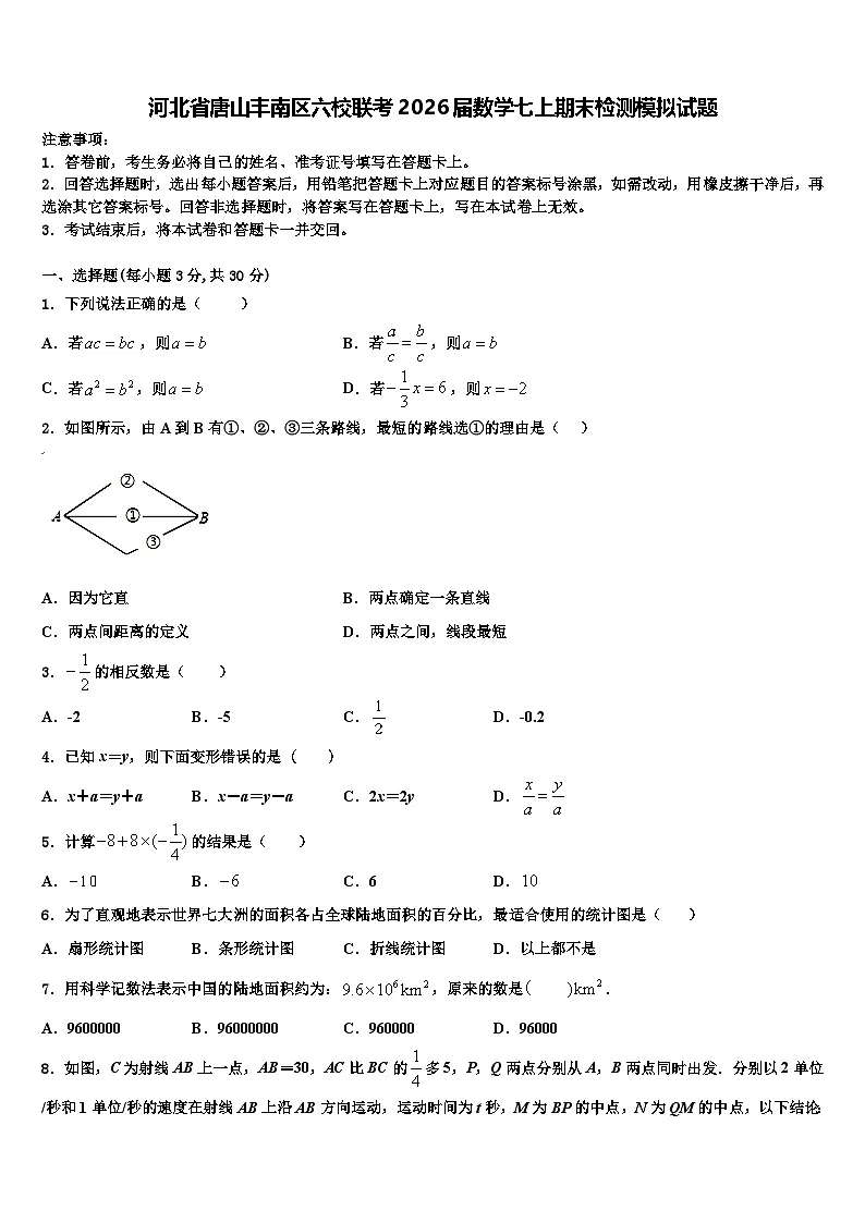 河北省唐山丰南区六校联考2026届数学七上期末检测模拟试题含解析第1页