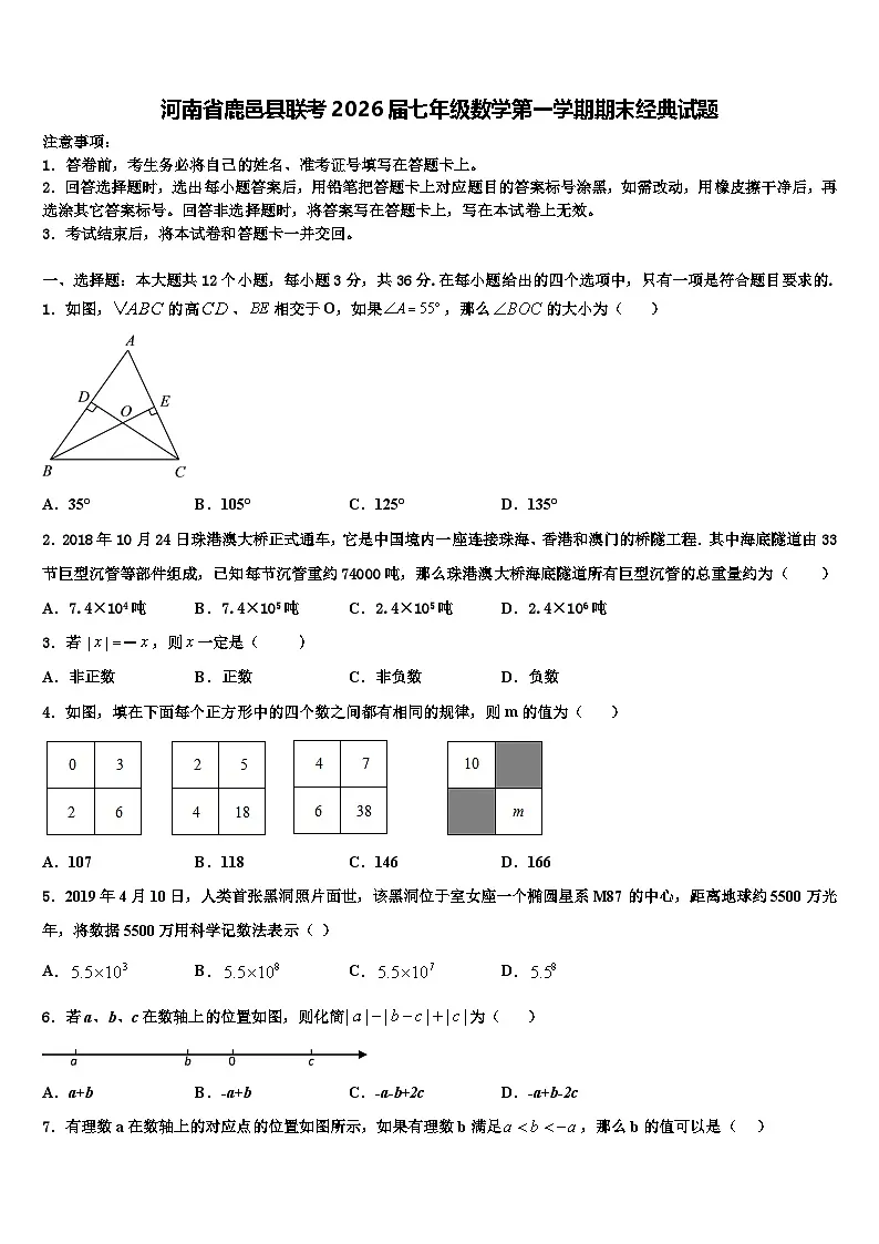 河南省鹿邑县联考2026届七年级数学第一学期期末经典试题含解析第1页